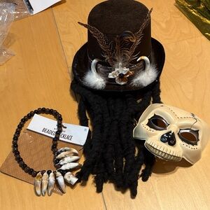 Witch Doctor Brown Feathered Hat with Skull Accessory